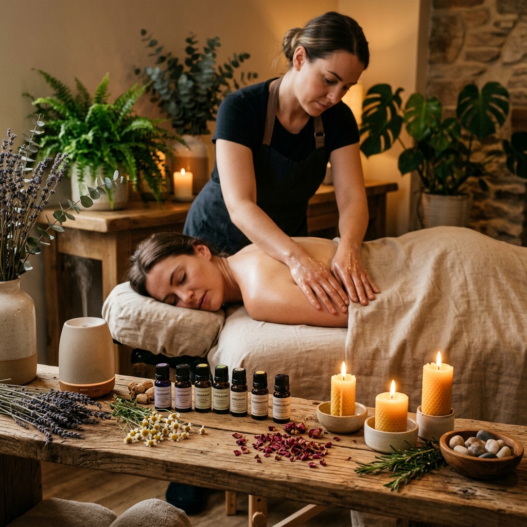 Aceite esencial y toallas para aromaterapia